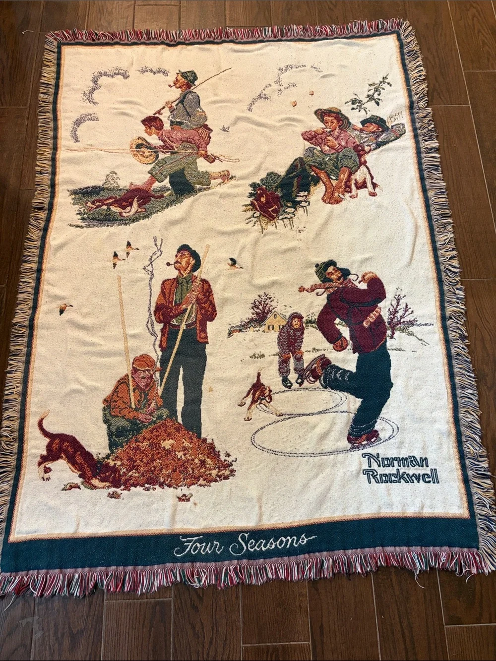 VTG Norman Rockwell Four Seasons Woven Tapestry Throw Blanket Fringed Americana